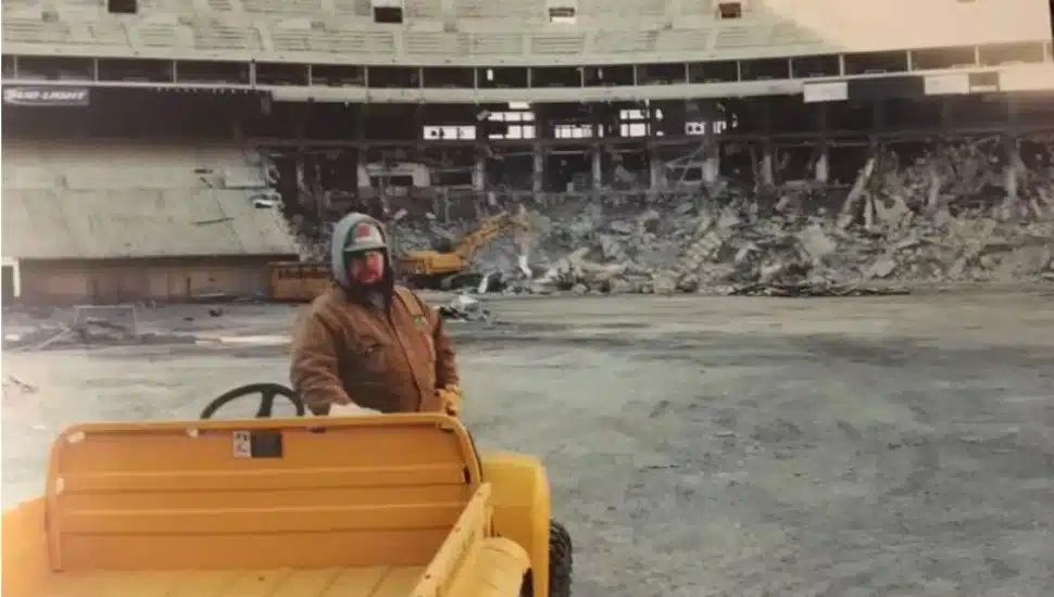 Nick Peetros on construction equipment inside the demolished Veteran's Stadium back on March 21, 2004.