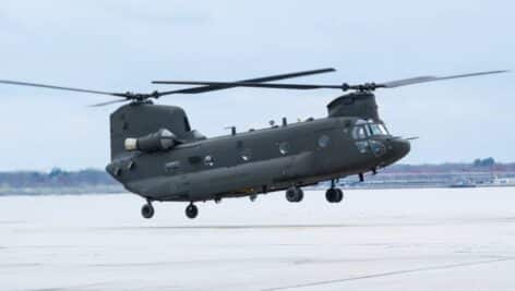 The first complete CH-47F Block II on a recent test run at the Boeing plant in Ridley Park.