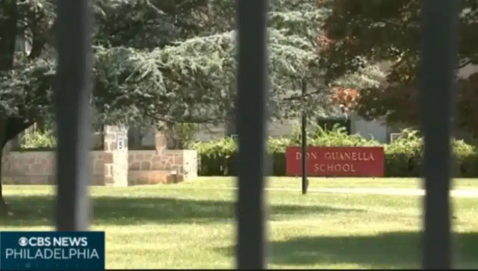 The gates at Sproul Road looking in at the former Don Guanella School in Marple.