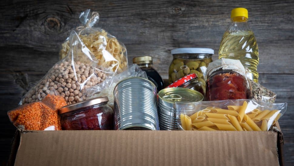 A box of donated food.