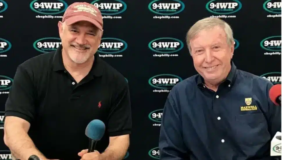 Longtime 94.1 WIP host Glen Macnow (left), seen here alongside his former cohost, Ray Didinger. Macnow is retiring