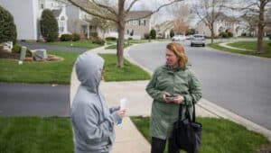 On April 13 Stella Sexton, right, a local Democratic leader in Pennsylvania, joined in political canvassing in her area.