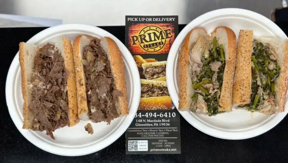 Prime Steaks in Glenolden offers Mastrocola pork in both the roasted pork sandwich, left, and the roasted pork with provolone and broccoli rabe.