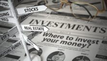 Investmments and asset allocation concept. Where to Invest? Newspaper and direction sign with investment options. 3d illustration