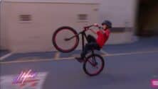 Alex Santacroce, also known as "Oneway Lilman" performs a bike stunt on the Jennifer Hudson show.