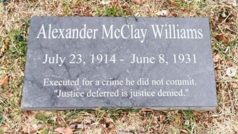 A grave marker for Alexander McClay Williams at Green Lawn Cemetery in Chester.