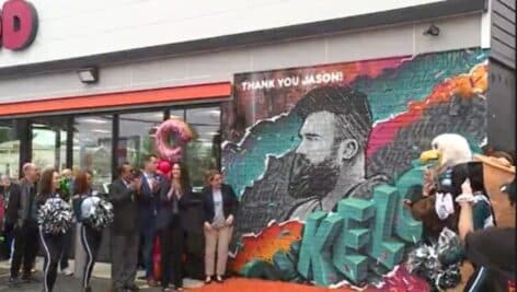 Eagles cheerleaders and Swoop were on hand for the unveiling of a Jason Kelce mural outside the West Chester Pike Dunkin in Havertown.