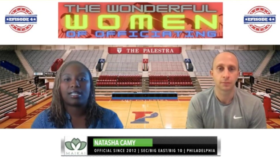 Natasha Camy talks about officiating basketball games on a YouTube broadcast.