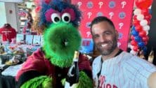 Mike Costanzo, Jr. stands with Phoebe Phanatic (the Phillies' mascot's mom) to celebrate the debut of Briganti Wines at Citizen's Bank Park.