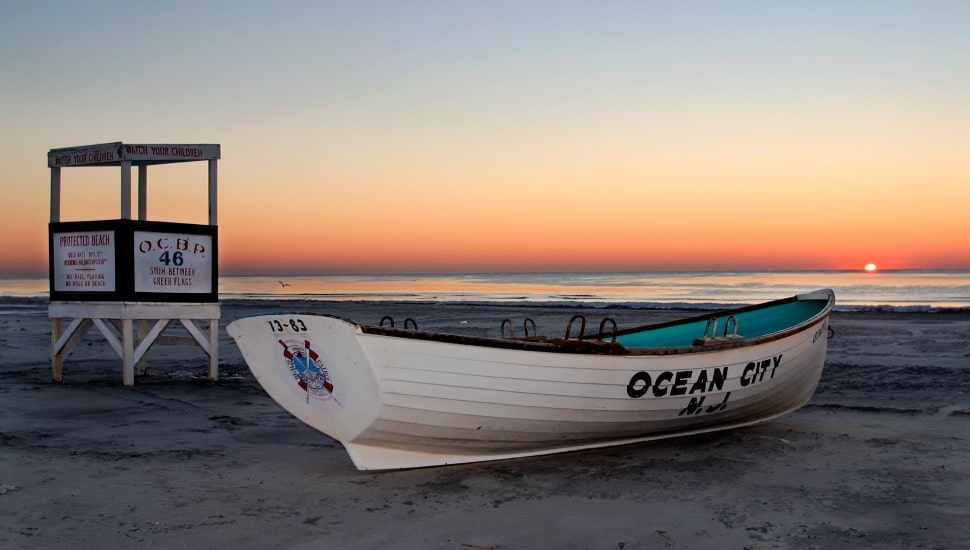 A life guard stand and a rescue boat on the beaches of Ocean City, New Jersey.
