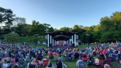 A crowd sits on the grass enjoying a performance at Delaware County's Summer Festival at the Rose Tree Park Amphitheater.