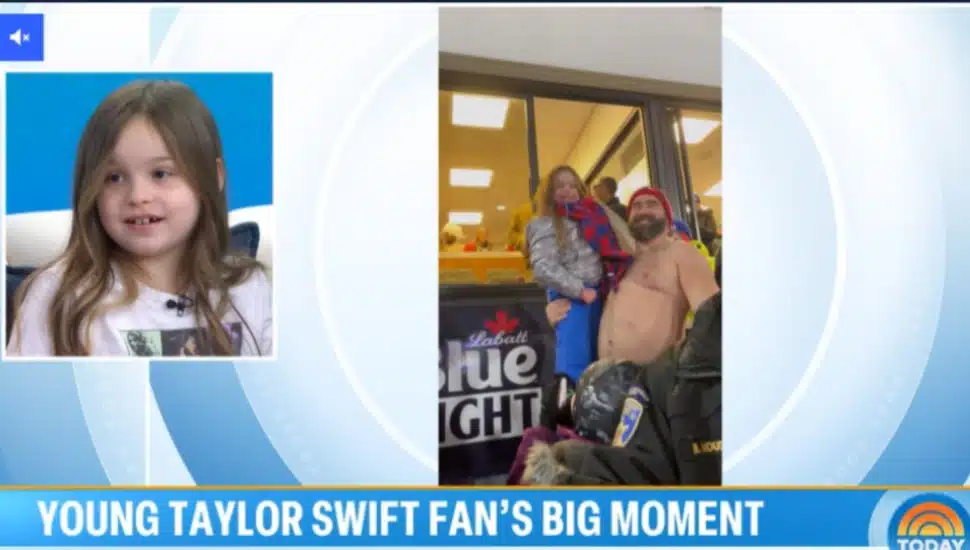 Ella Piazza gets lifted on the shoulders of a shitless Jason Kelce so she can meet Taylor Swift.