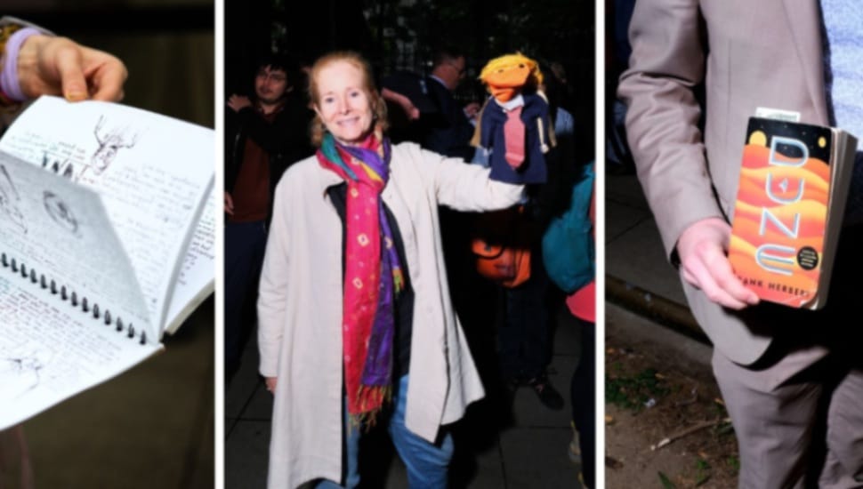 Those waiting in line for a seat at the Trump trial ni New York include artist Jarva Land with courtroom sketchings, Rose Brennan with a homemade puppet and a man with a book he is reading.