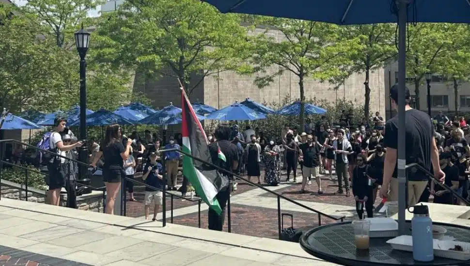 Students formally protest the war in Gaza on the Villanova University campus.