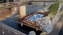 University City District has unveiled plans to build a bi-level water park on the western bank of the Schuylkill that features a large public pool, beach, and a restaurant.