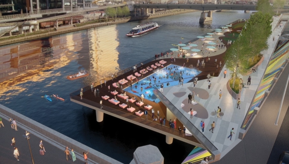 University City District has unveiled plans to build a bi-level water park on the western bank of the Schuylkill that features a large public pool, beach, and a restaurant.