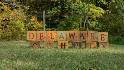 A sign of wooden blocks sitting on a lawn that spells out Delaware County