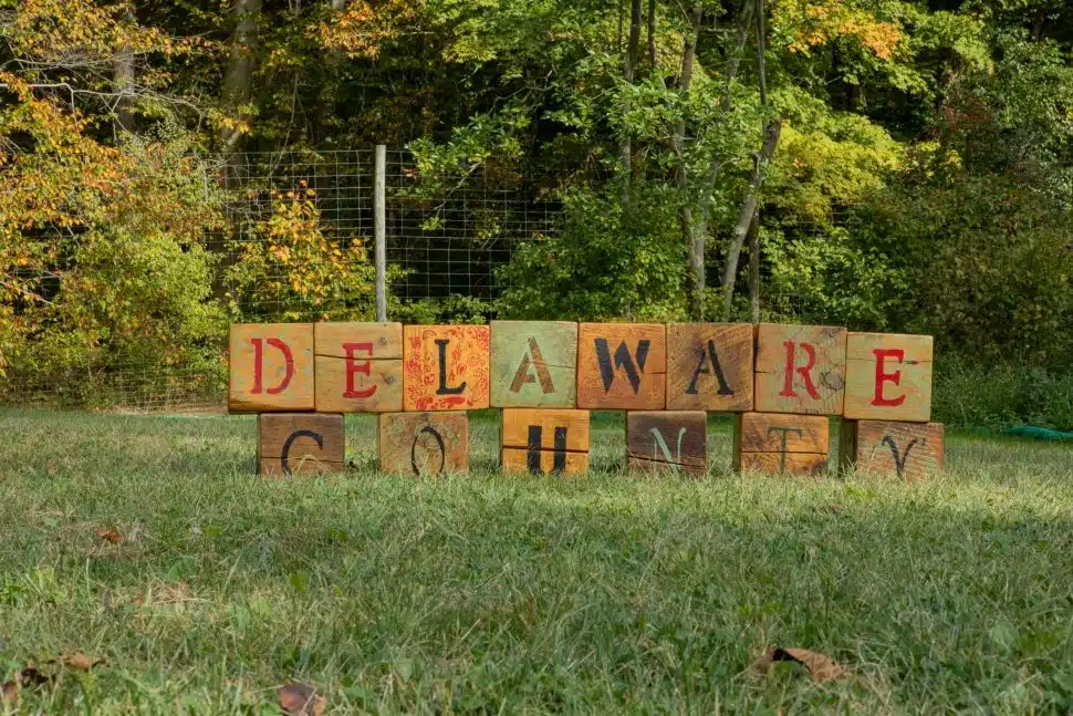 A sign of wooden blocks sitting on a lawn that spells out Delaware County