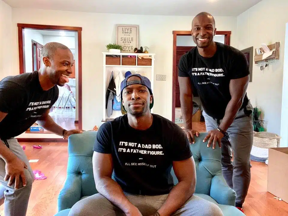 Dave 'FitDad' Ogleton shows off his "It's Not a Dad Bod, It's a Father Figure" T-shirt.