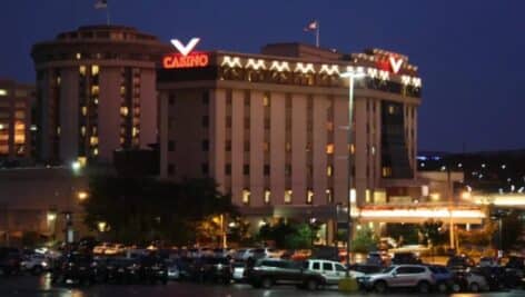 The exterior of the Valley Forge Casino at night.