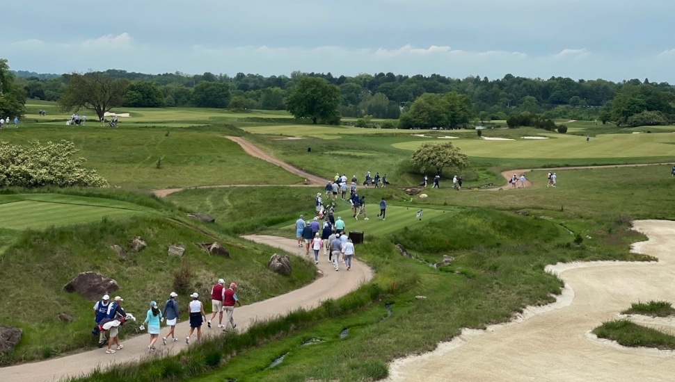 An overhead view of golfers/participants at the 2024 Paoli Hospital Golf Classic.