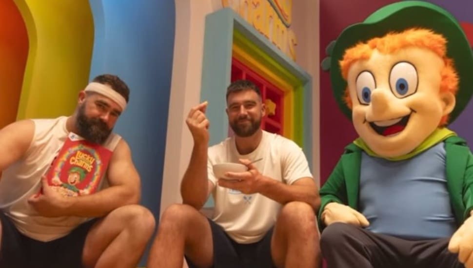 A Behind the Scene shot of Travis and Jason Kelce filming something for Lucky Charms.