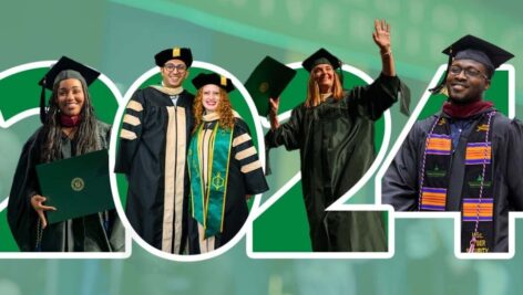 a graphic with the outline of the numbers 2024 with graduates in caps and gowns from WilmU surrounding and the numbers.