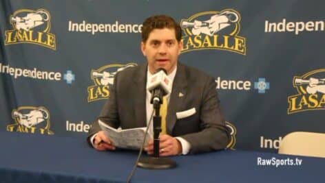 Zach Spiker speaking at a press conference from five years ago after LaSalle University beat Drexel University in a men's basketball game.