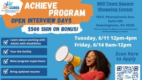 A poster announcing two open house interview days at the Achieve Adult Service program in Downingtown.