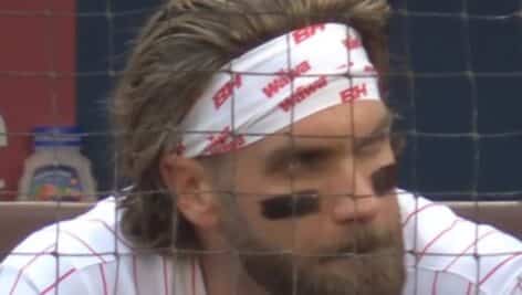 Philadelphia Phillies player Bryce Harper wears Wawa-themed headgear.