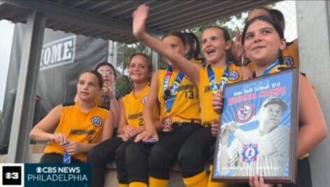 Members of the Interboro Bucs 10U girls' softball team pose with their Babe Ruth Mid-Atlntic Regional Championship awards.