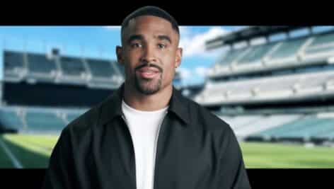 Philadelphia Eagles quarterback Jalen Hurts appears in a Lincoln Financial Group video.