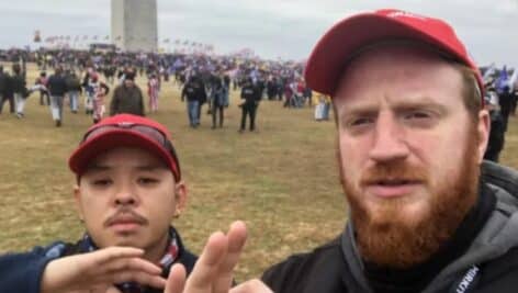 Proud Boy Brian Healion (right) poses for a selfie near the Washington Monument on Jan. 6, 2021.