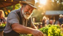 A local farmer preps his food stand for customers.