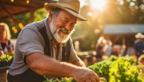 A local farmer preps his food stand for customers.