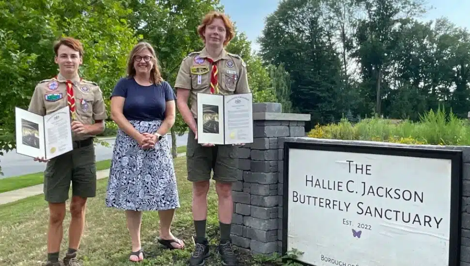 Eagle Scouts Bennett McManus, left, and Andrew McManus, right, were honored recently by State Rep. Leanne Krueger, center, for their contributions and improvements to the Hallie Christine Jackson Butterfly Sanctuary in Brookhaven.