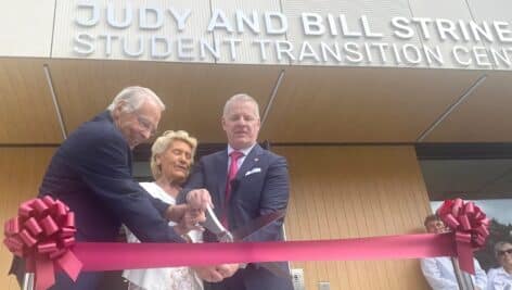 Bill and Judy Strine of Media and Elwyn President Charles McLister cut the ribbon Tuesday to dedicate the $7.35 million Judy and Bill Strine Student Transition Center for neurodiverse students at Elwyn's Middletown campus.