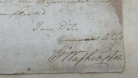 The signature of George Washington in a 1780 letter up for auction.