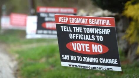 A protest sign on a proposal to build an elementary school along Route 352.