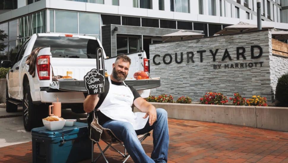 Jason Kelce outside a Courtyard Marriott.