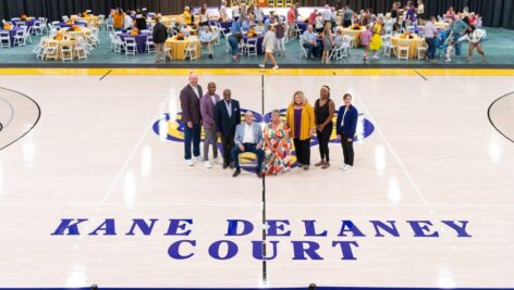 Pictured (l to r) at the Kane DeLaney Court ceremony are Terry Beattie, Director of Athletics; Damien Blair, Head Coach, Men's Basketball; Dr. Zebulun Davenport, Vice President for University Advancement & External Affairs; Dick DeLaney, former Men's Basketball Coach and Honoree; Deirdre Kane, former Women's Basketball Coach and Honoree; Dr. Laurie Bernotsky, President, West Chester University; Kiera Wooden, Head Coach, Women's Basketball; Deb Cornelius, Executive Director, WCU Foundation