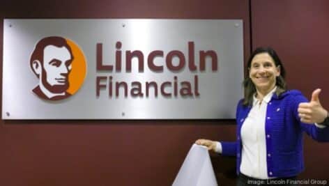 CEO Ellen Cooper unveils the new Lincoln Financial logo.