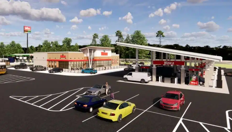 A rendering shows Wawa's travel center, a prototype near Fayetteville, North Carolina.