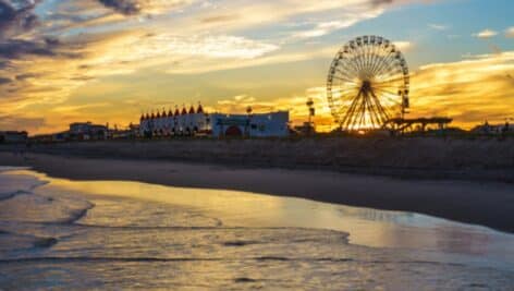 A sunset view of the Gillian's Wonderland Pier in Ocean City, New Jersey.