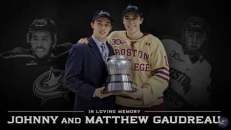 An image of Matthew and Johnny Gaudreau included in a candlelight vigil held Wednesday night at at the Nationwide Arena in Columbus, Ohio.