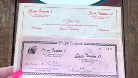 The original 1984 $24 gift certificate to the Clam Tavern in Clifton Heights.