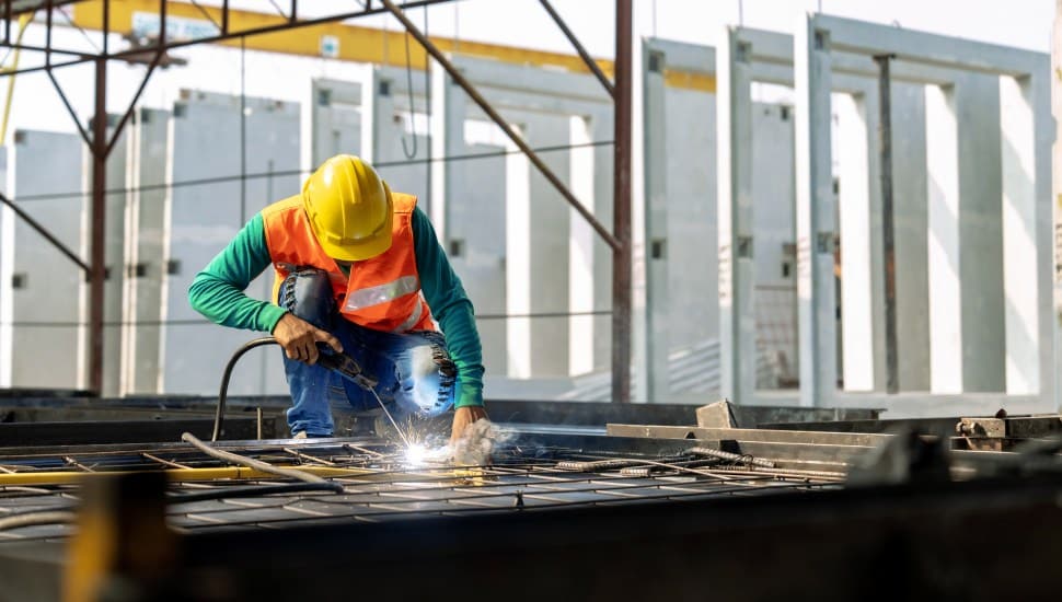 A construction workers does welding at a job site.