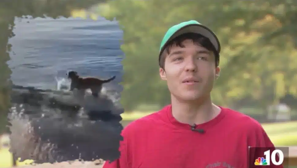 Alex Flowers talks about his mission to bring happiness to dogs as a video shows a happy dog playing near the water.
