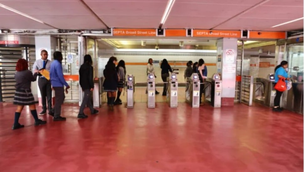 Passengers enter the Broad Street Line at the 15th Street Station near Philadelphia City Hall.