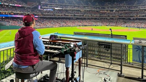 Brian “Maestro” Anderson at the Citizens Bank Park organ. Anderson, the official Phillies organist, helps the team create an unforgettable atmosphere during home games.